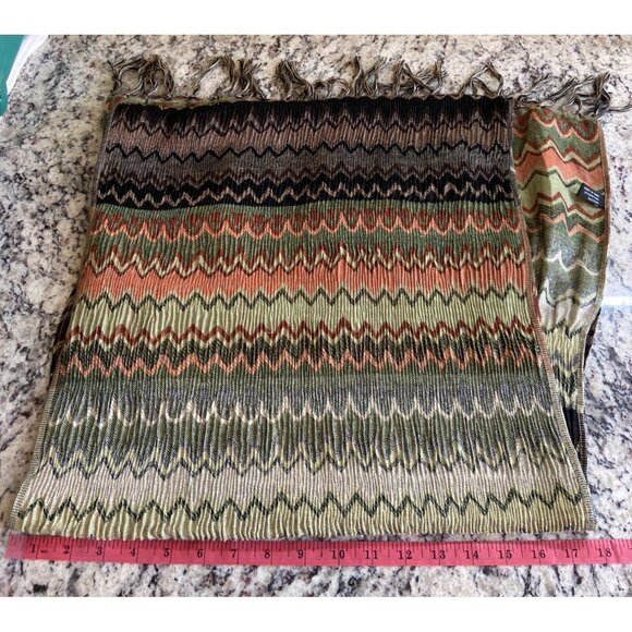 Womens Rectangle Scarf Wrap Chevron Fringe Green Orange Boho - Picture 7 of 7